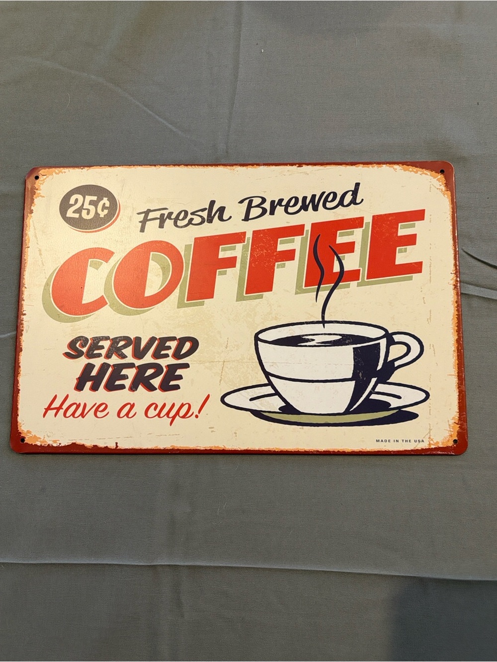 Metal Vintage Style Fresh Brewed Coffee Wall Sign - Cream and Red